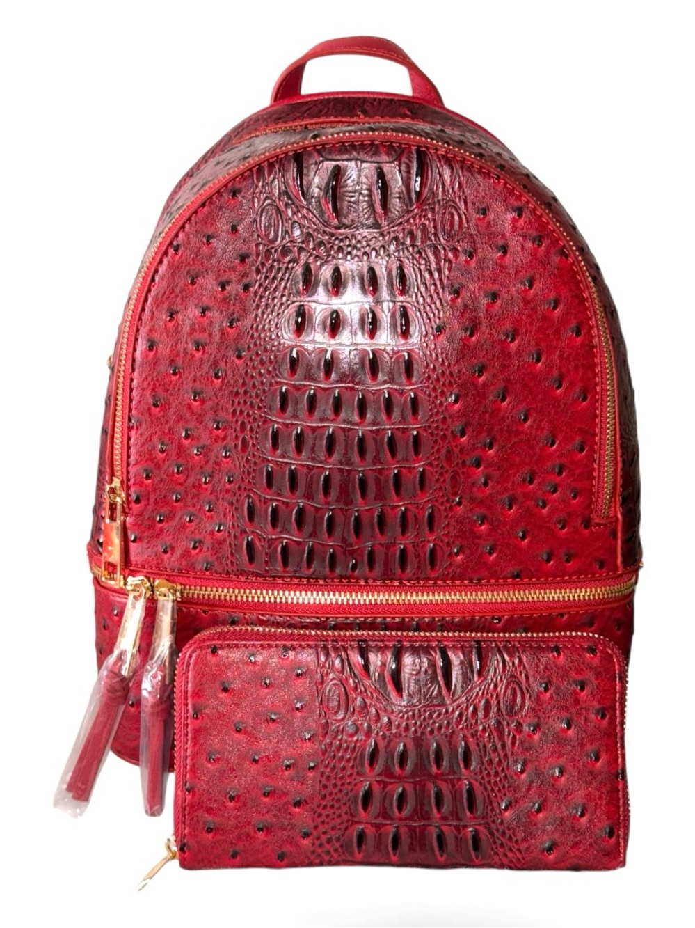 2pc Red Fashion Croc Embossed Backpack w/matching Continental Wallet - NWT
